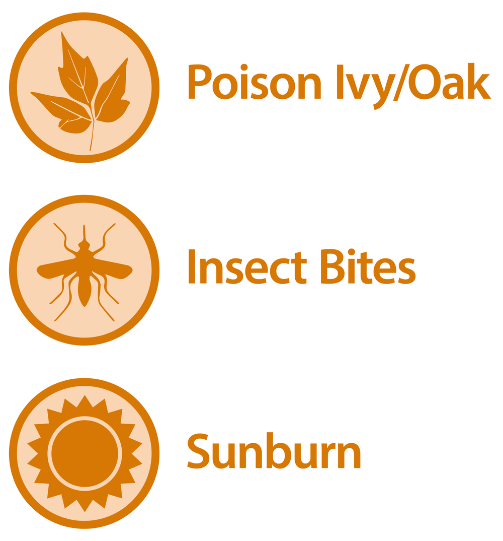 Three orange icons—a leaf for Poison Ivy/Oak, a mosquito for bite relief, and a sun for sunburn—show the skin relief Rhuli Gel Anti-Itch Gel provides for bites, rashes, and burns in a cooling 3 oz tube.
