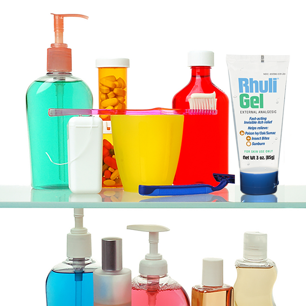 A shelf with personal care items: pump bottles, a pill bottle, toothbrush in a cup, razor, jars, and containers—including a 3 oz tube of Rhuli Gel Anti-Itch Analgesic for sunburn, mosquito bites, poison ivy/oak relief.