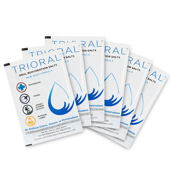 Six TRIORAL Oral Rehydration Salts packets are fanned out, each white with a blue droplet graphic—ideal for distributor orders or anyone needing a large supply with 600 packets per carton.