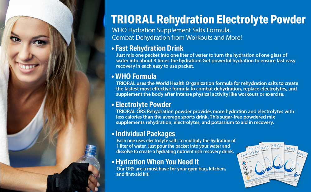 A woman in workout gear and a white headband smiles holding a gym towel. Beside her, text showcases TRIORAL Rehydration Electrolyte Powder—WHO formula for dehydration—with hydration info and product images at the bottom. 100 packets per box.
