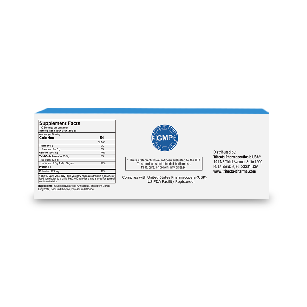 Back of TRIORAL Rehydration Electrolyte Powder box displays Supplement Facts, GMP logo, manufacturer/distributor details, and FDA disclaimer. Ingredients and nutrition info are shown on a white/blue background for this WHO hydration formula (100 packets).