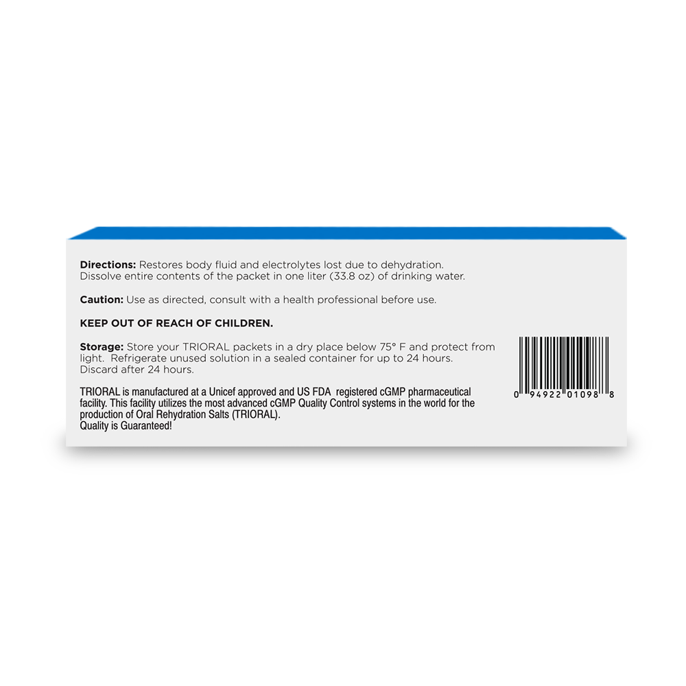 Back of TRIORAL Rehydration Electrolyte Powder box shows directions, cautions, storage info, barcode, and manufacturing details in blue and black text on white with a blue band. Contains 100 WHO formula drink mix packets for dehydration.