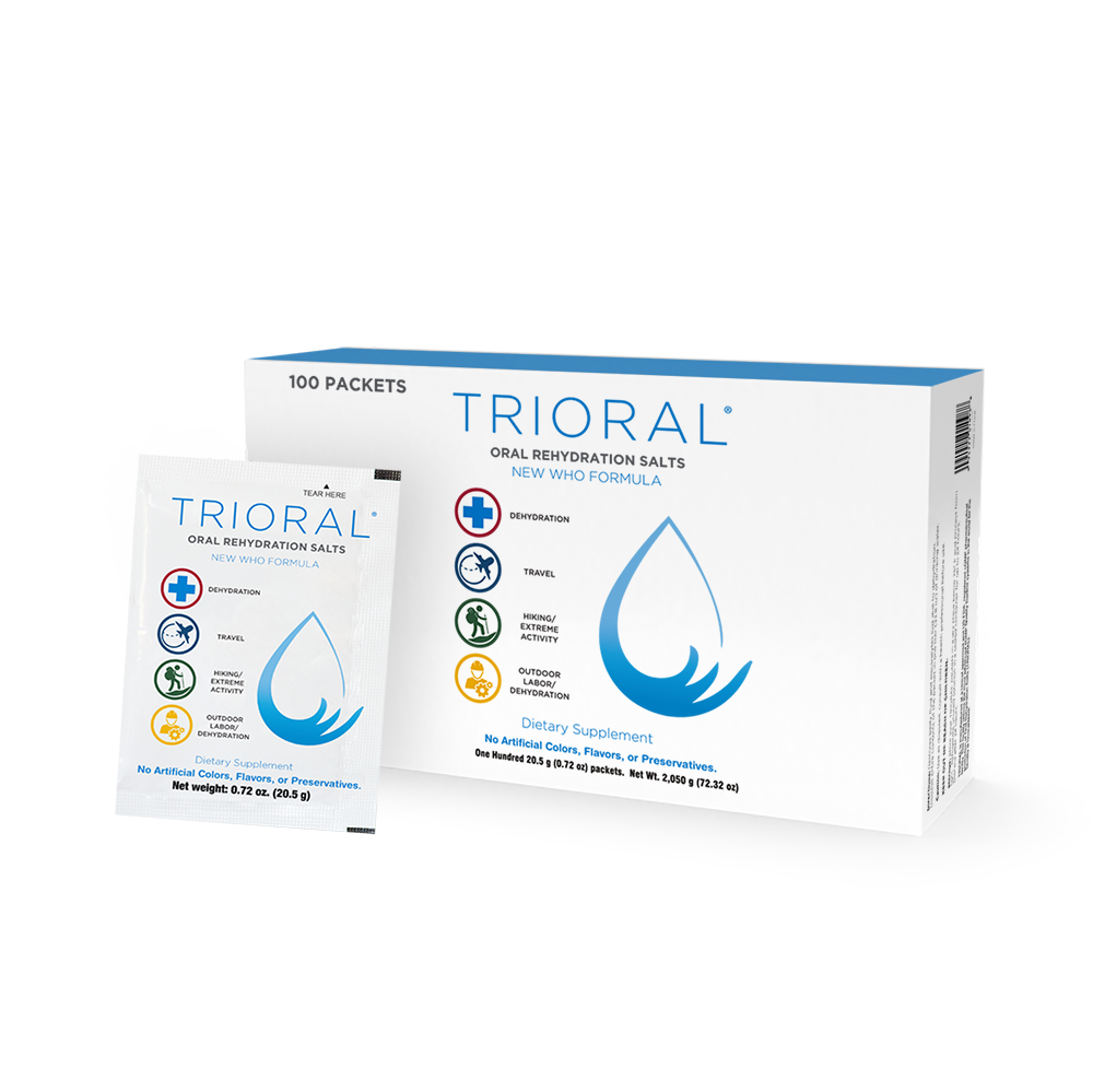 A box and a packet of TRIORAL Rehydration Electrolyte Powder, featuring the blue drop logo. This WHO hydration supplement contains 100 drink mix packets—ideal for travel, workouts, or dehydration relief.