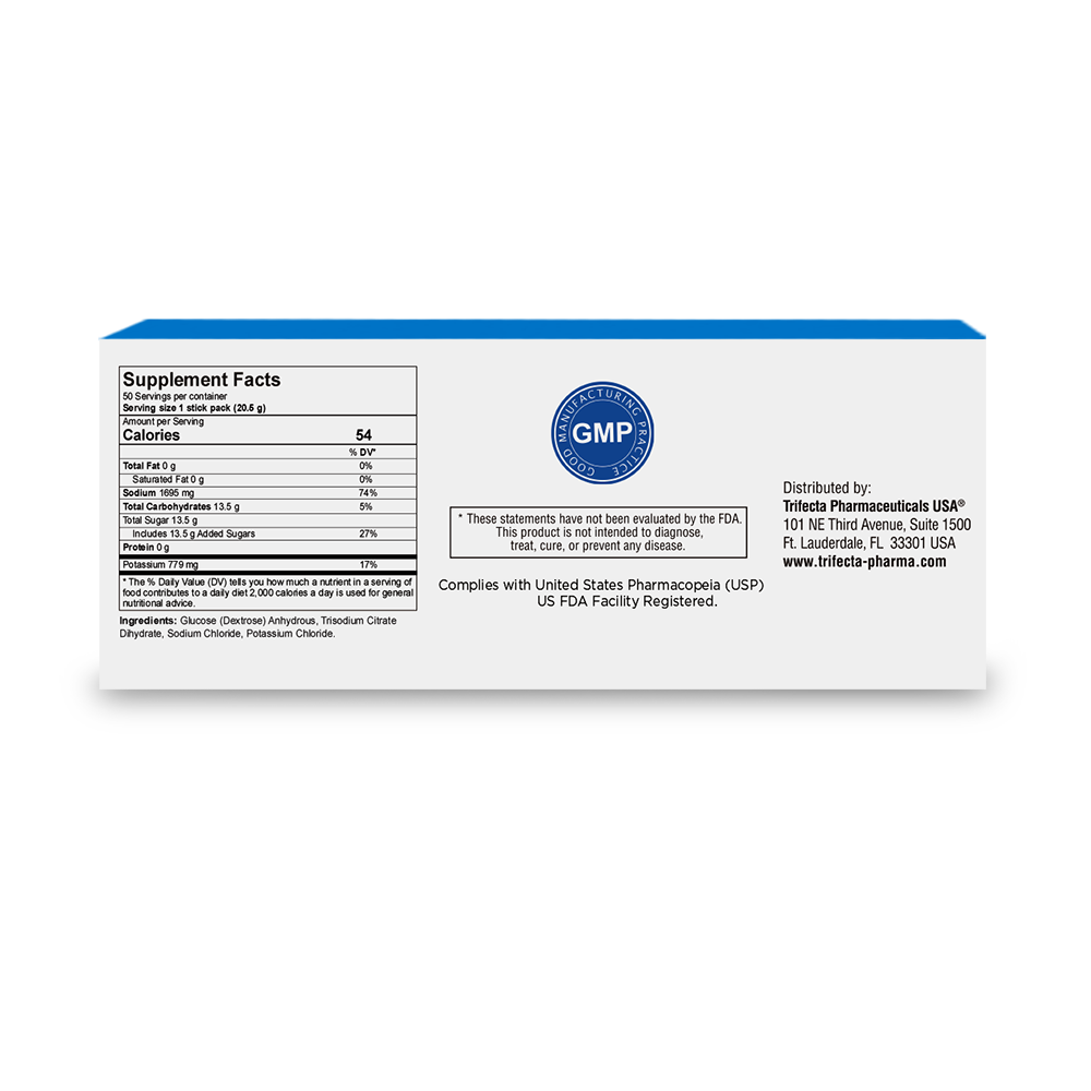 The image shows the back of a TRIORAL Rehydration Electrolyte Powder box (50 packets), featuring supplement facts, GMP seal, disclaimers, distributor info, and statements on US Pharmacopeia compliance and FDA facility registration.