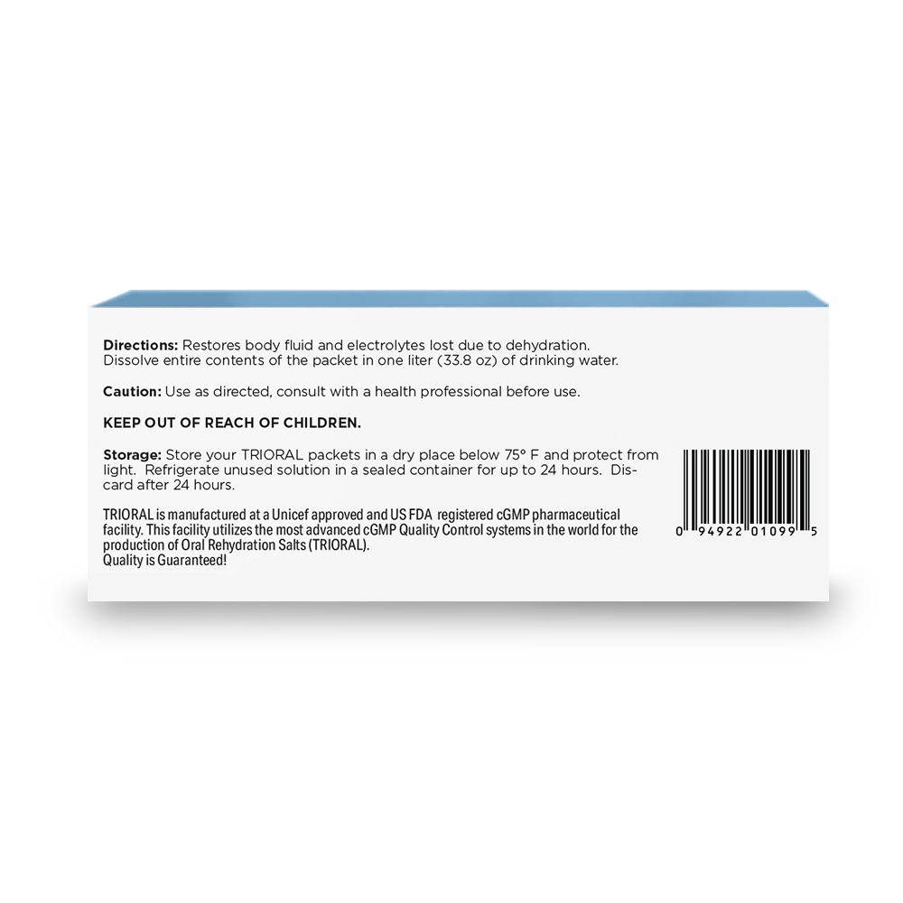 Back of TRIORAL Rehydration Electrolyte Powder box: Directions—dissolve packet in water. Store as directed. Keep out of reach of children. WHO hydration formula combats dehydration from workouts and fluid loss. Includes barcode. 50 mix packets per box.
