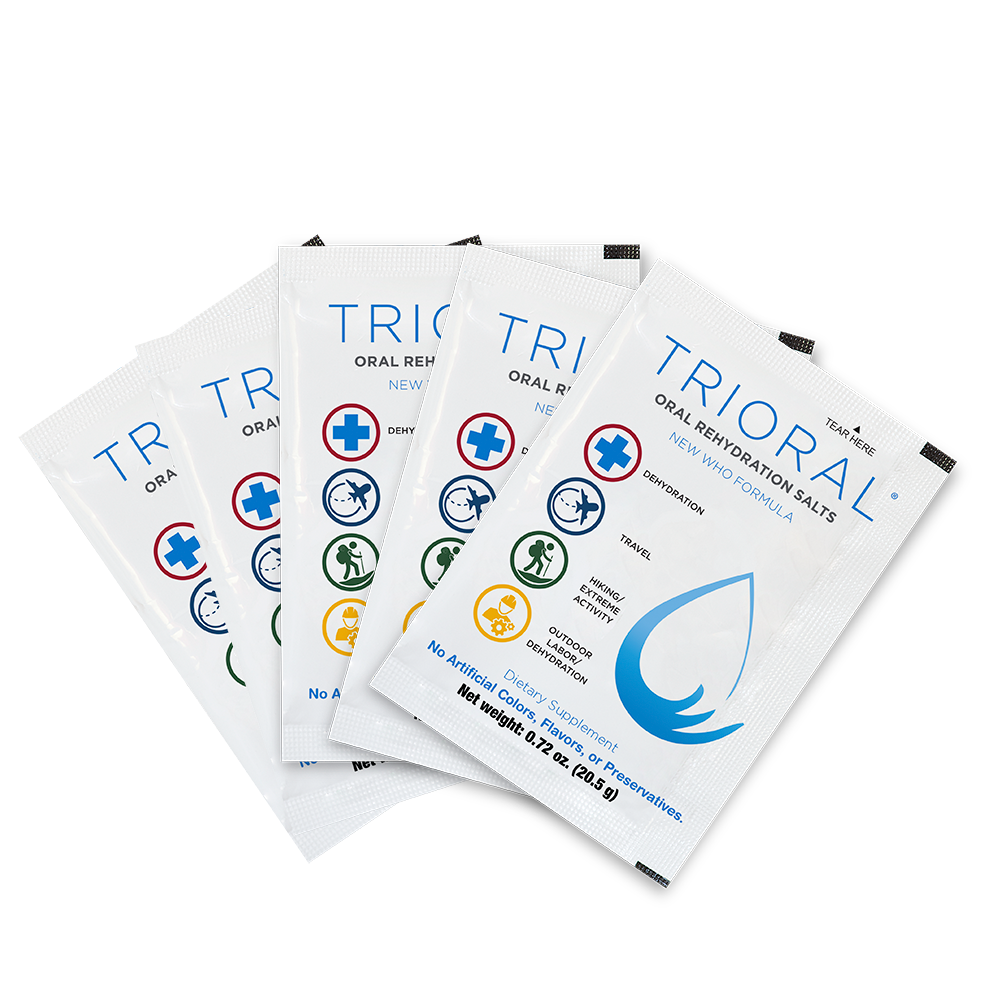 TRIORAL Rehydration Electrolyte Powder, shown in four fanned-out packets with health icons and a blue water droplet, delivers WHO formula electrolyte replenishment to combat dehydration. Includes 50 drink mix packets.