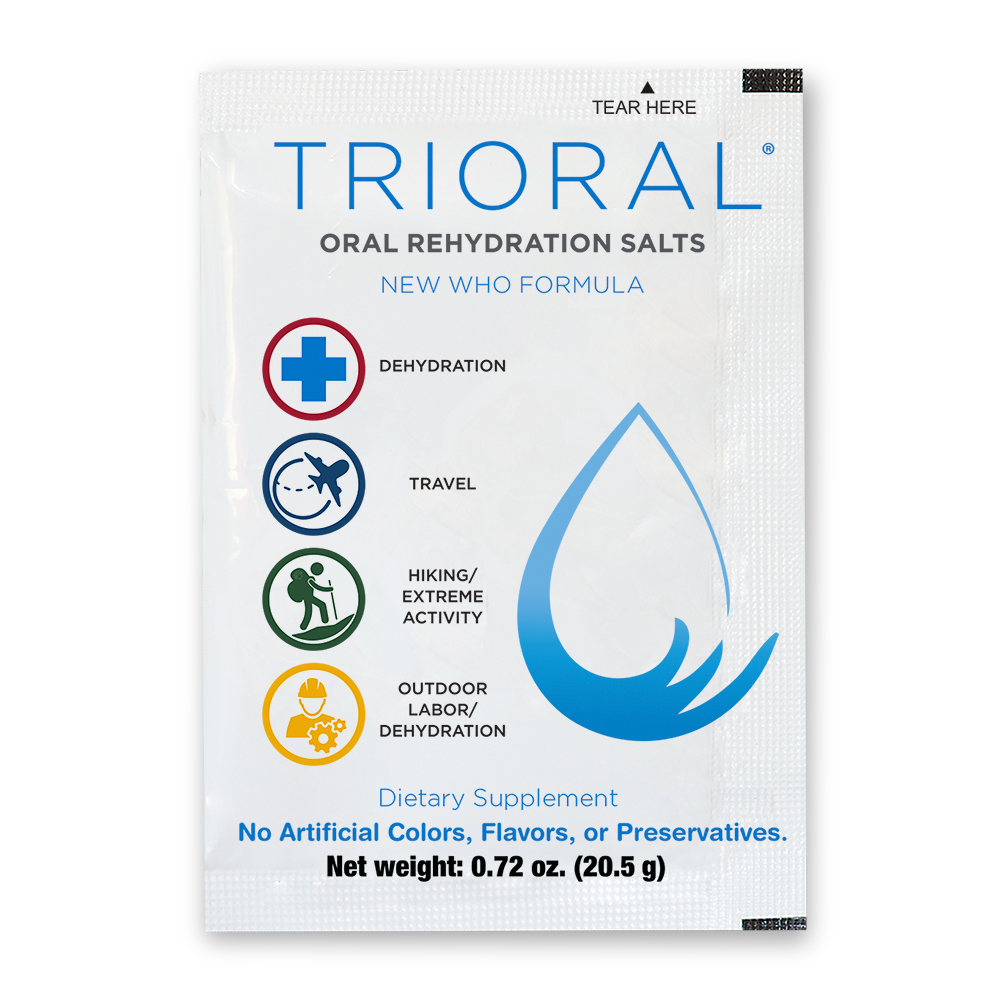 TRIORAL Rehydration Electrolyte Powder (0.72 oz/20.5 g packet) helps combat dehydration from workouts, travel, outdoor labor, or hiking. Contains no artificial colors, flavors, or preservatives. 50 mix packets per box.