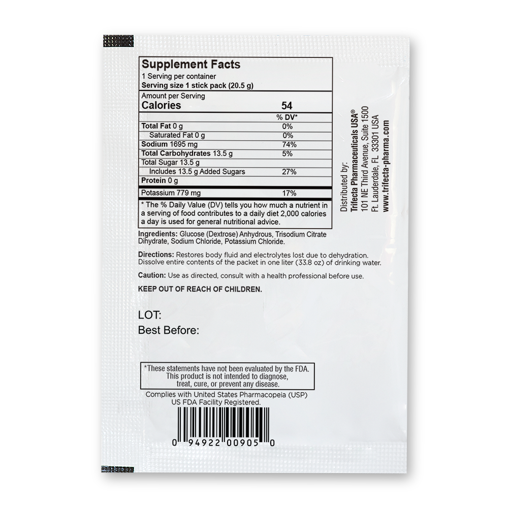 Back of a TRIORAL Rehydration Electrolyte Powder single-serve packet shows supplement facts, ingredients, barcode, manufacturer info, and caution notice in black on white—ideal for labeling this WHO Formula rehydration drink mix. Pack contains 50 packets.