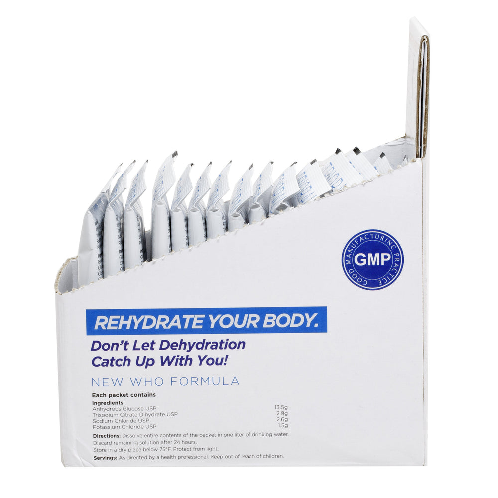 An open box labeled “REHYDRATE YOUR BODY” displays TRIORAL Oral Rehydration Salts (15 Packets/Box) by TRIORAL, with hydration packets upright. The box says, “Don’t Let Dehydration Catch Up With You!” and lists product and ingredient details.