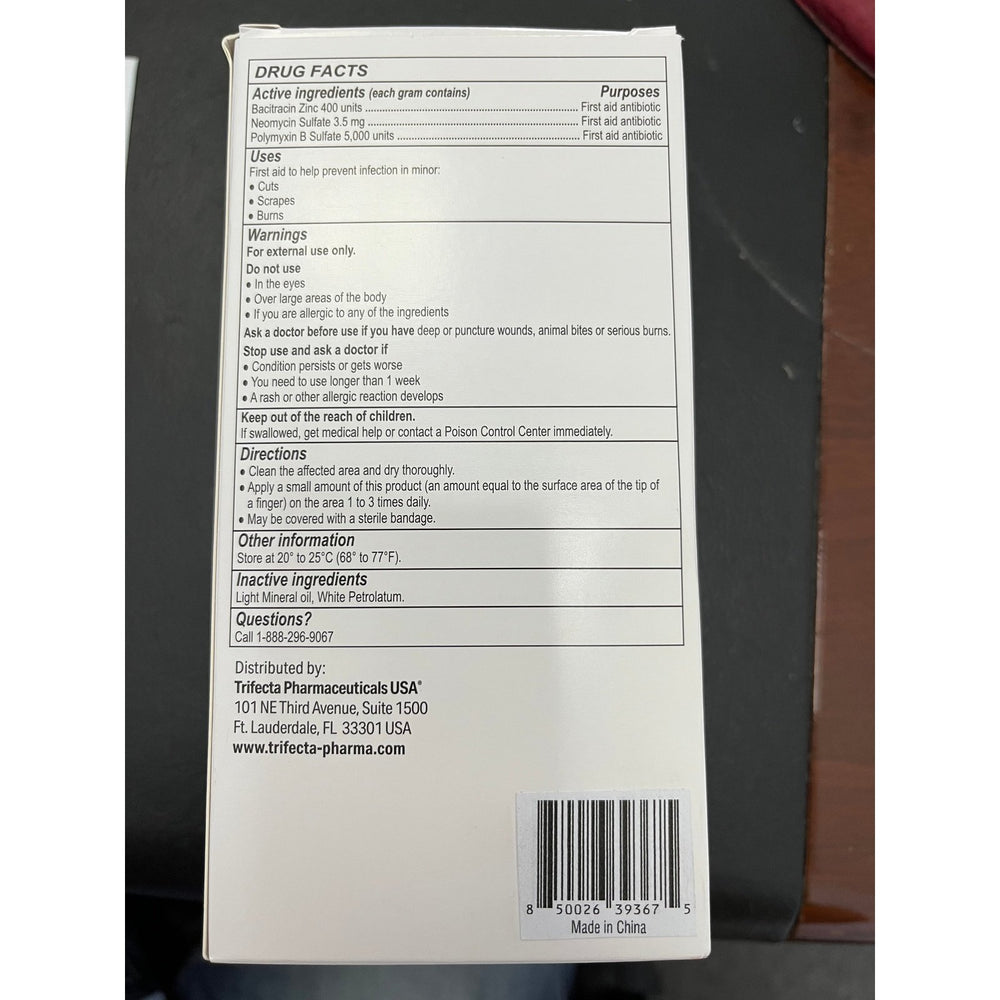 Back of a Globe Triple Antibiotic Ointment .9gr Packets (Box of 144) showing drug facts, active/inactive ingredients, uses, warnings, directions, distributor info, barcode—a reliable Neosporin alternative for infection protection.