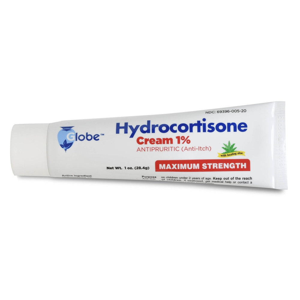 A white tube of Globe Hydrocortisone Cream w/Aloe 1%-1 oz, labeled ANTI-ITCH and MAXIMUM STRENGTH, displays blue/red text with a green leaf graphic and offers fast eczema relief as an effective anti-itch cream.