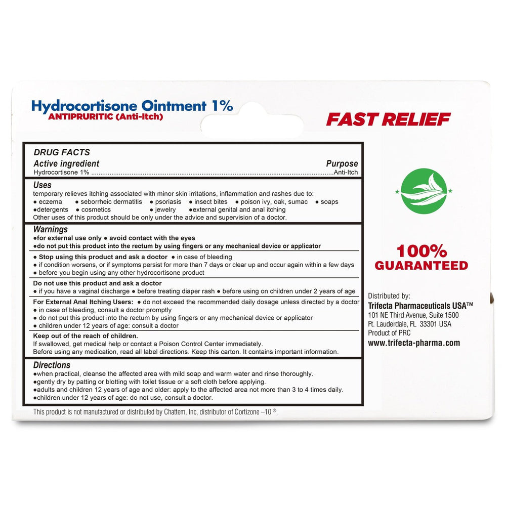 The back of a Globe Hydrocortisone Cream w/Aloe 1% box displays drug facts, uses, warnings, and manufacturer details. “FAST RELIEF” and “100% GUARANTEED” are boldly printed in red and green text to promote eczema relief.