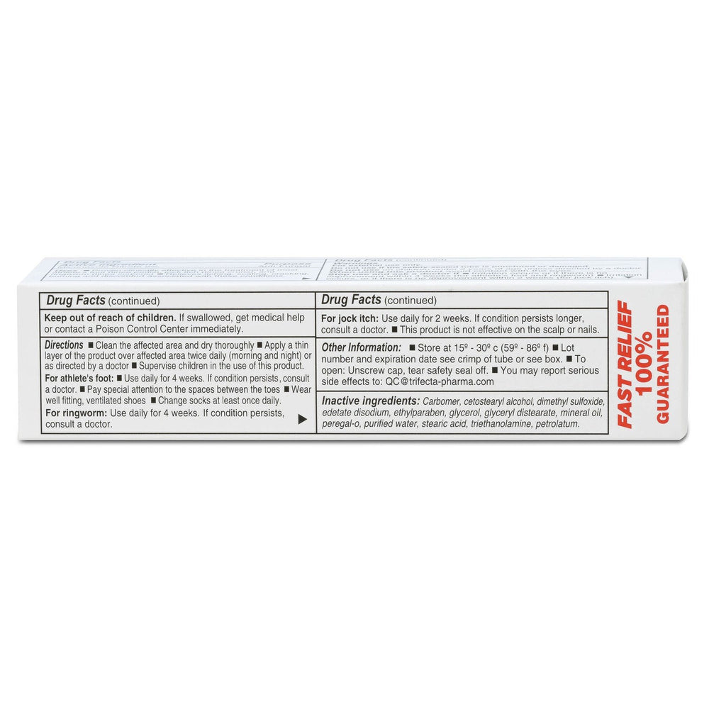 The back of the Globe Miconazole 2% Cream 1 oz box lists drug facts, athlete's foot treatment directions, storage info, warnings, and a fast relief guarantee in small black text on a white background. Brand: Globe.