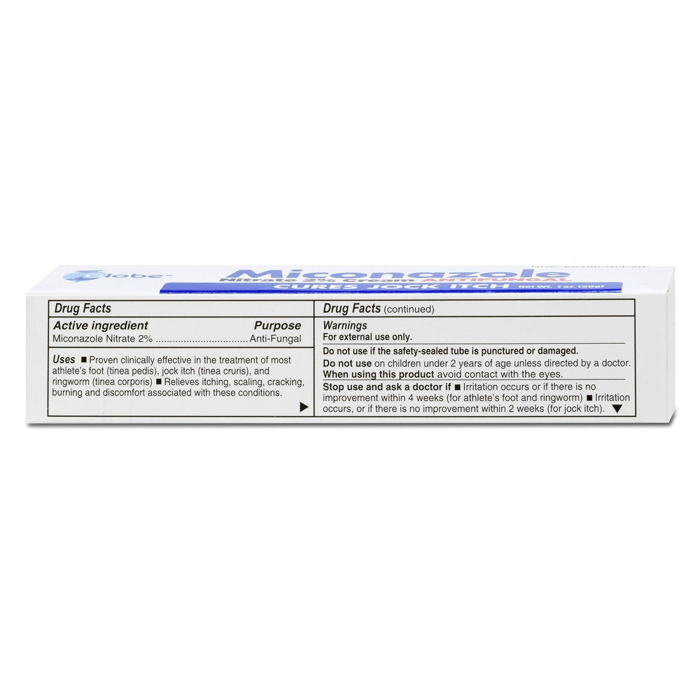 A 1 oz box of Globe Miconazole 2% Cream for athlete's foot features drug facts on miconazole nitrate 2%, uses, and external use warnings. The mostly white packaging includes blue accents and the Globe brand name.