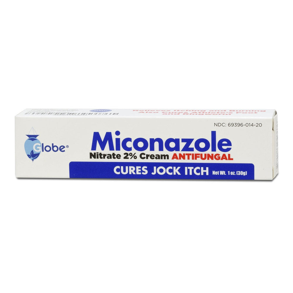 A rectangular box of Globe Miconazole 2% Cream 1 oz by Globe, labeled for jock itch and athlete's foot. The white packaging features blue and red text and contains 30g (1 oz) of antifungal cream.