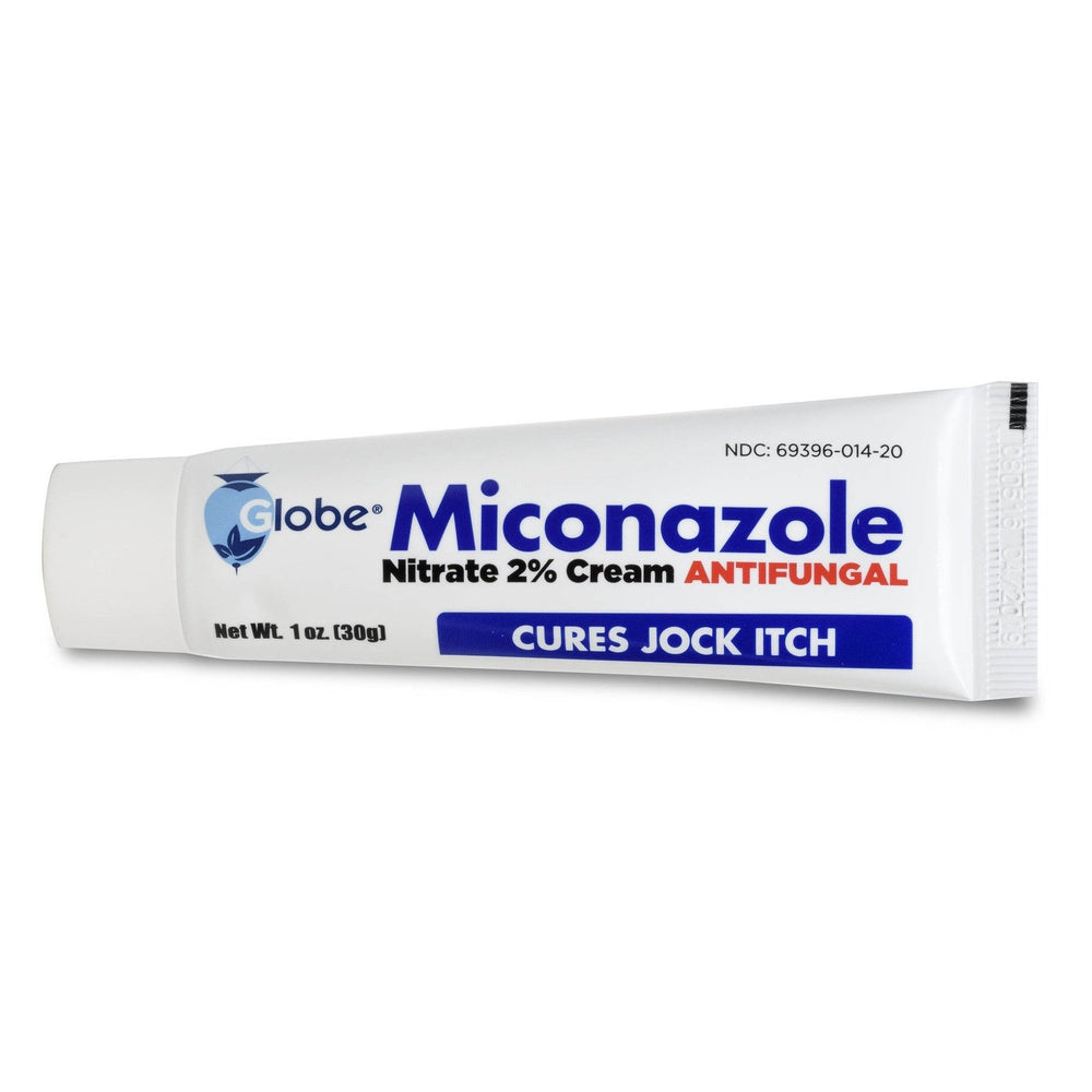 A 1 oz tube of Globe Miconazole 2% Cream by Globe offers effective relief for jock itch and athlete’s foot, featuring a white tube with blue and red text and a twist-off cap.