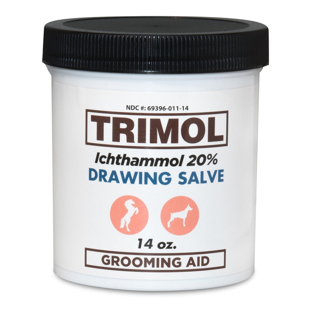 A white 14oz jar of Trimol Ichthammol 20% Ointment Drawing Salve for veterinary use, featuring a black screw-on lid and images of a horse and dog, serves as a grooming aid for horses and dogs.