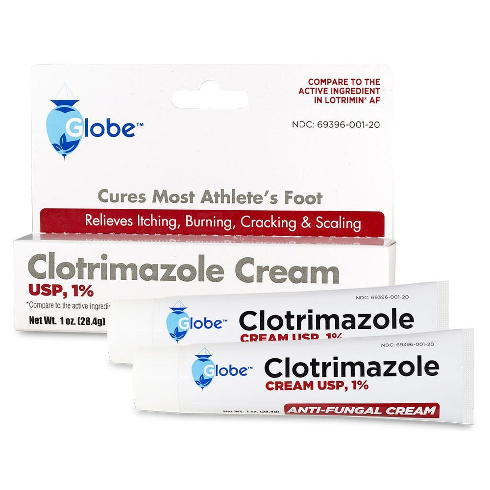 Two 1oz tubes and a box of Globe Clotrimazole Cream USP 1% by Globe—an anti-fungal for athlete’s foot and jock itch, offering relief from itching, burning, cracking, and scaling.