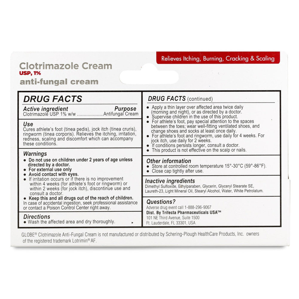 The Globe Clotrimazole Cream USP 1% - 1oz package lists drug facts, warnings, usage directions, ingredients, manufacturer info, and displays a red banner: Relieves Itching, Burning, Cracking & Scaling—great for athlete's foot.