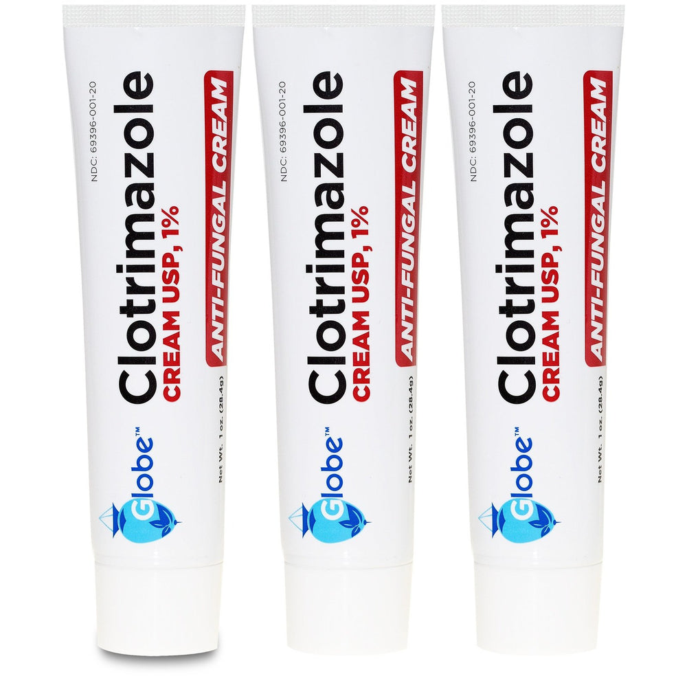 Three upright Globe Clotrimazole Cream USP 1% (1oz) tubes in white boxes with red, black, and blue text—ideal for athlete’s foot and jock itch treatment.
