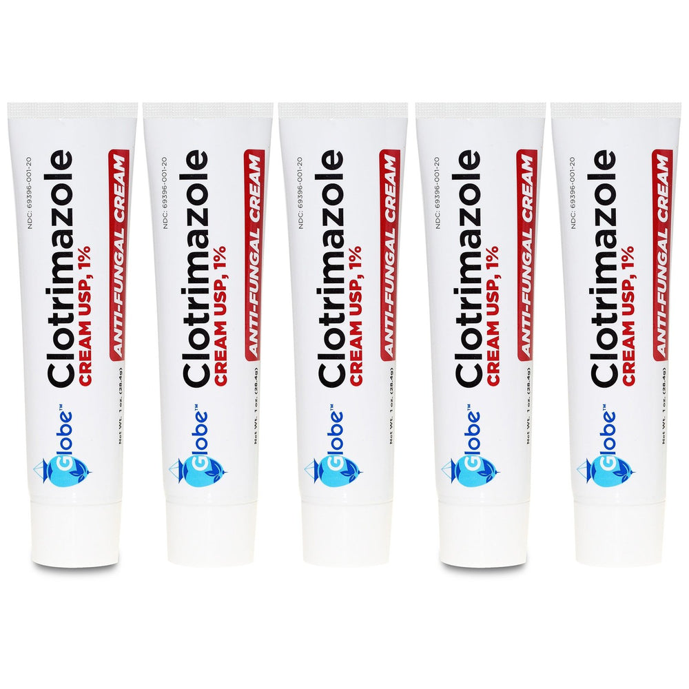 Five white tubes of Globe Clotrimazole Cream USP 1% - 1oz stand upright, each labeled with the product name and details in black and red. This trusted Globe cream is an effective choice for jock itch treatment.