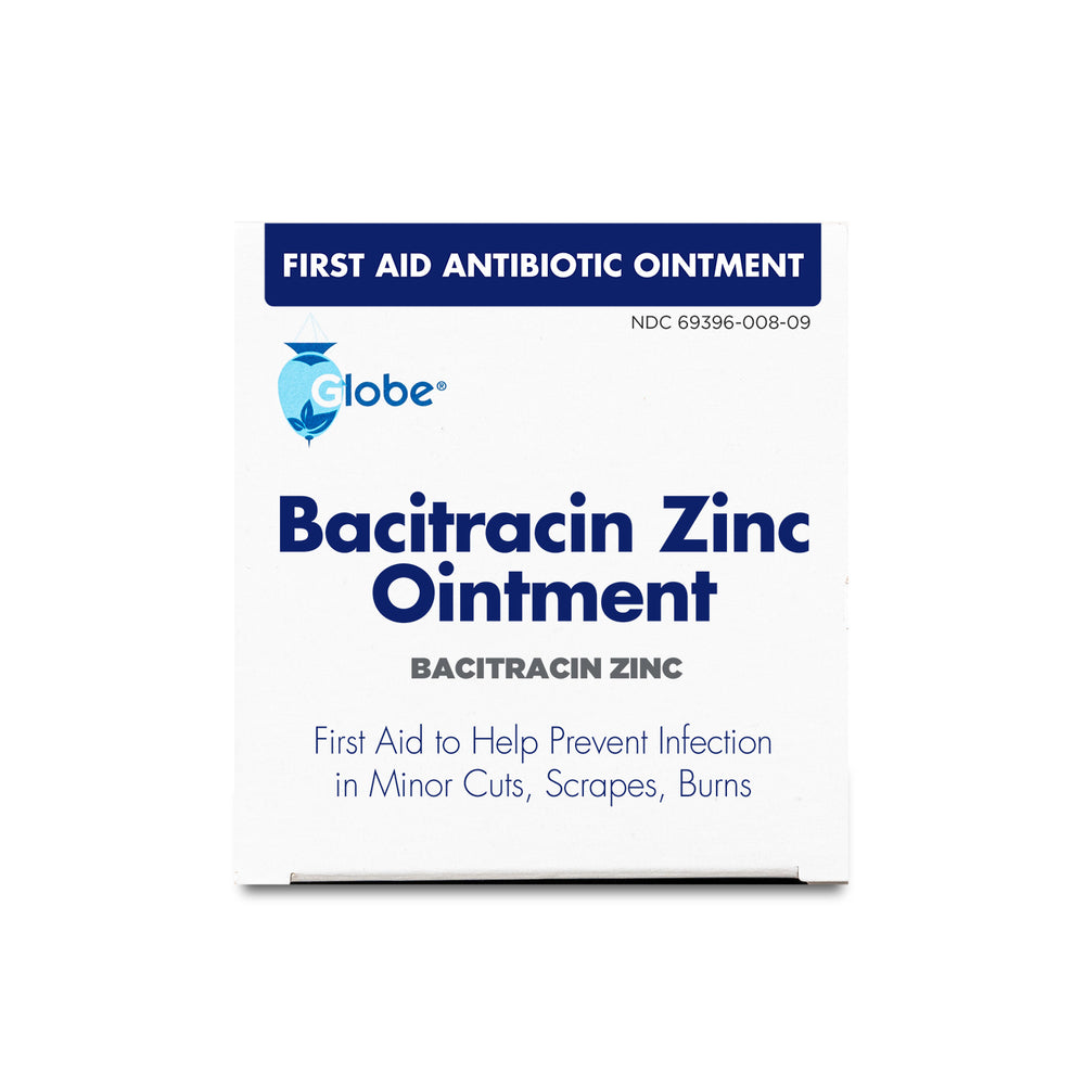 A box of Globe Bacitracin Zinc Ointment, 0.9 gr packets (144 count), first aid antibiotic for infection prevention in minor cuts, scrapes, and burns. Packaging is white with blue text.
