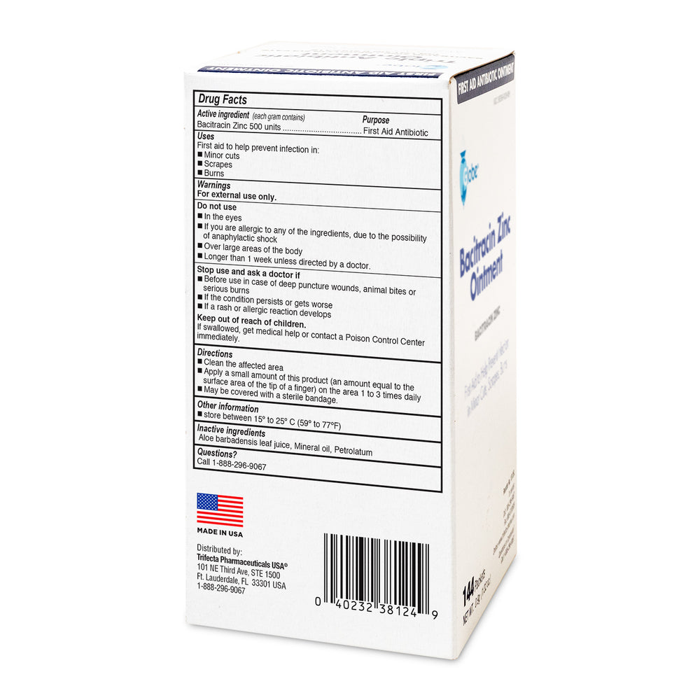 A white box of Globe Bacitracin Zinc Ointment, 0.9 gr Packets (Box of 144), is shown angled to display drug facts, usage directions for minor wounds, ingredients, manufacturer info, and barcode on its side and back panels for infection prevention.