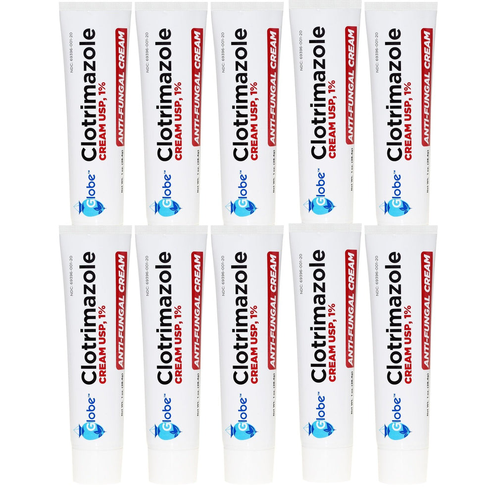 Ten tubes of Globe Clotrimazole Cream USP 1% - 1oz are arranged in two rows, each showing the Globe branding—ideal for treating athlete's foot or jock itch.