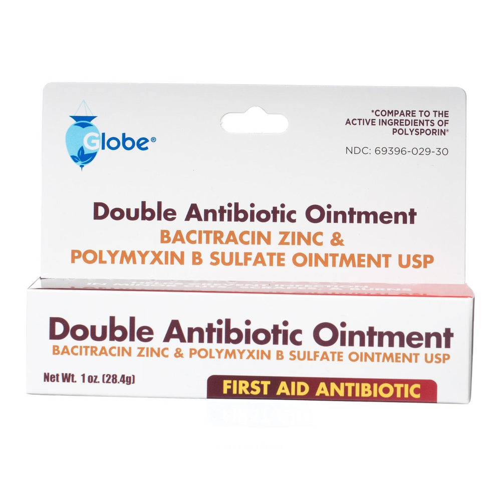 Globe First Aid Topical Double Antibiotic Skin Ointment, with bacitracin zinc & polymyxin B sulfate, neomycin-free, for infection protection & wound care; travel size 1 oz (28.4g).