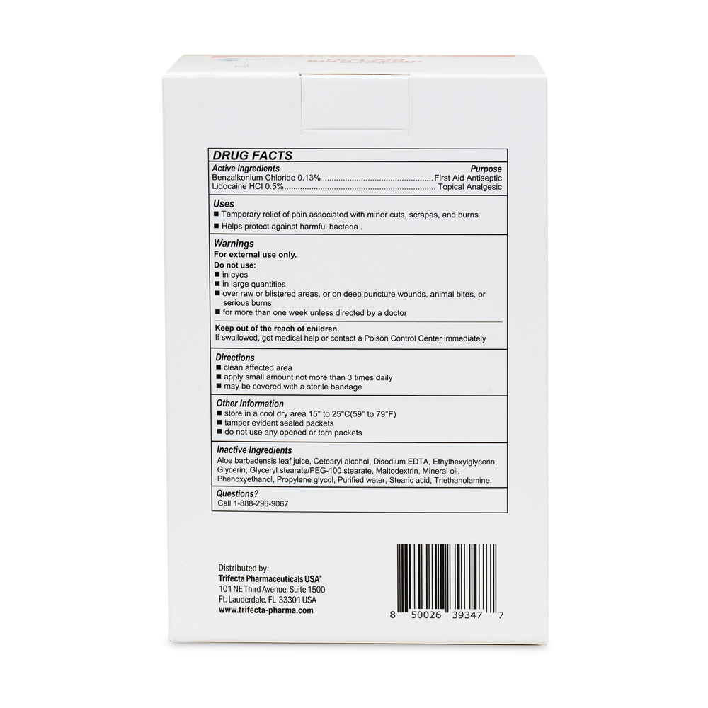 Back of a Globe First Aid Burn Cream 0.9g Packets (Box of 144) showing drug facts—active ingredients, uses, warnings, and directions for temporary relief of minor burns, cuts, and scrapes. Includes barcode and distributor info; great for any first aid kit.