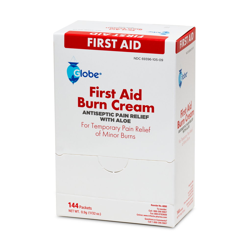 Globe First Aid Burn Cream 0.9g Packets (Box of 144) offers temporary relief for minor burns, cuts, and scrapes. Ideal for first aid kits, this white box contains antiseptic cream packets, each labeled with red and blue text.