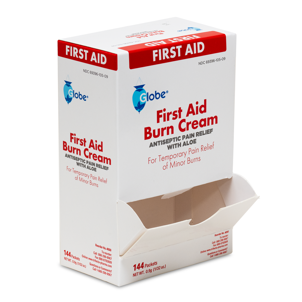 A white and red box labeled Globe First Aid Burn Cream contains 144 0.9g packets for temporary relief of minor burns, cuts, and scrapes—an essential addition to any first aid kit.