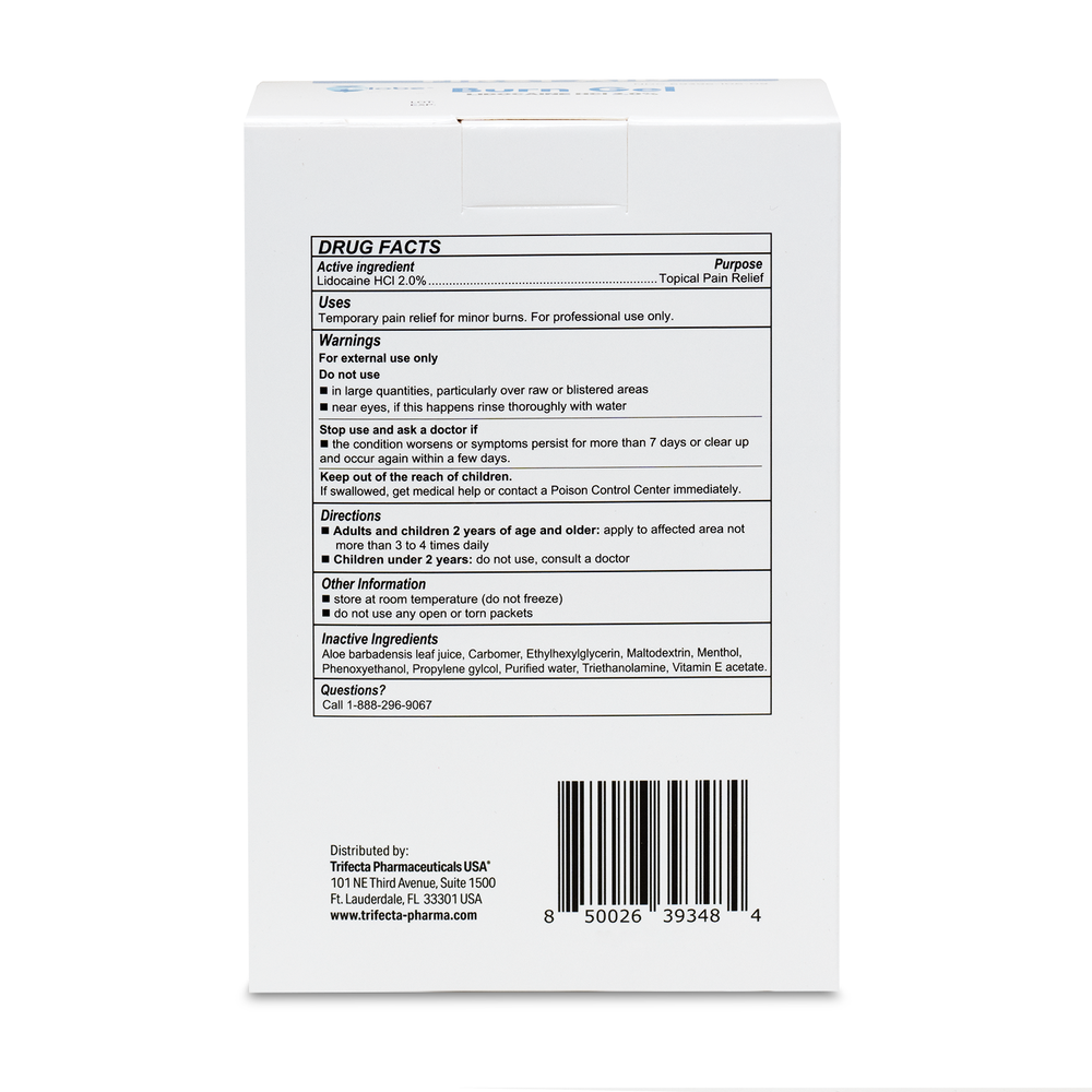 Back of Globe First Aid Burn Gel with Aloe 0.9g Packets (Box of 144) shows drug facts: active/inactive ingredients, uses, warnings, directions, storage info—great for first aid kits—with a barcode at the bottom right.