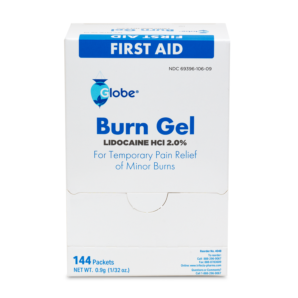A box of Globe First Aid Burn Gel with Aloe (144 x 0.9g packets) by Globe, advanced gel for temporary relief of minor burns, cuts, and scrapes—an essential addition to any first aid kit.