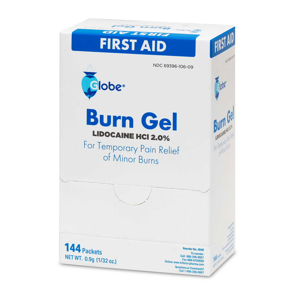 A white and blue box of Globe First Aid Burn Gel with Aloe 0.9g packets (box of 144) for minor burns, cuts, and scrapes provides advanced first aid relief—ideal for any kit—and is shown against a plain white background.