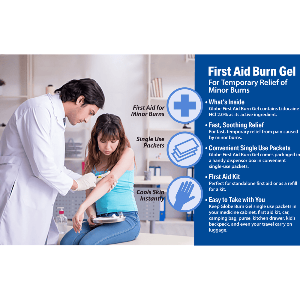 A healthcare professional applies Globe First Aid Burn Gel with Aloe to a young woman's upper arm. Text highlights its advanced formula for fast, temporary relief of minor burns, cuts, and scrapes—ideal for any first aid kit (box of 144 packets).