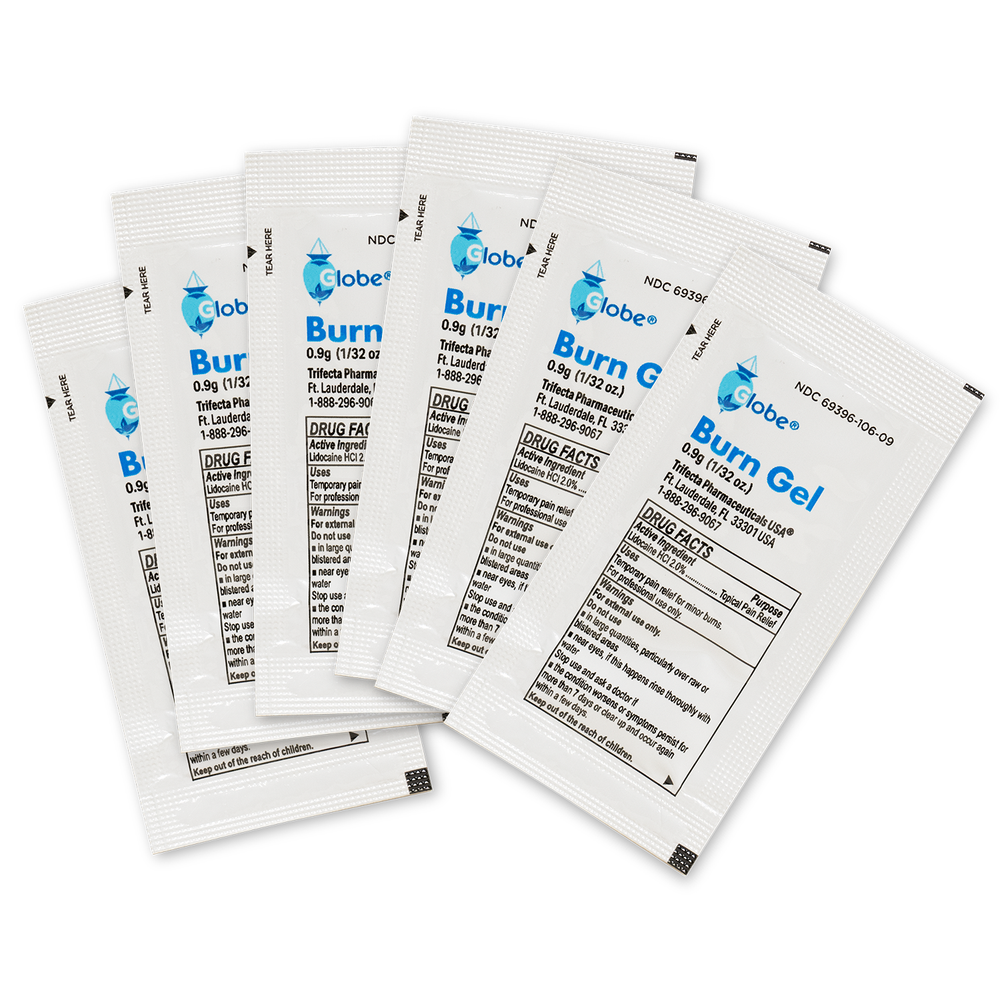 Six Globe First Aid Burn Gel with Aloe 0.9g packets are fanned out on a white background. The advanced first aid gel, by Globe, offers temporary relief for minor burns, cuts, and scrapes; the packets show directions and key info in blue and black text.