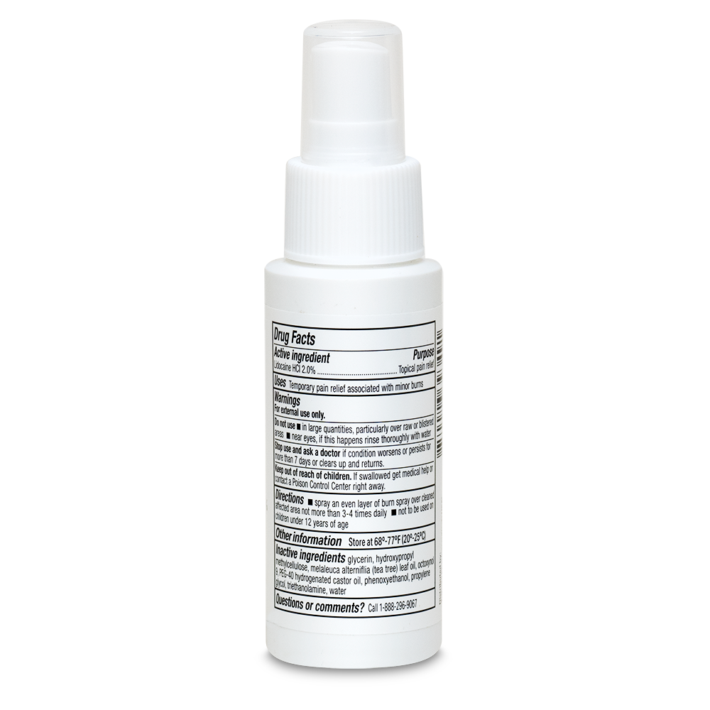 A white plastic Globe Burn Spray bottle with a visible label listing drug facts, warnings, and directions in black text. The 2 oz topical anesthetic spray contains lidocaine 2% for pain relief and numbing. Brand: Globe.