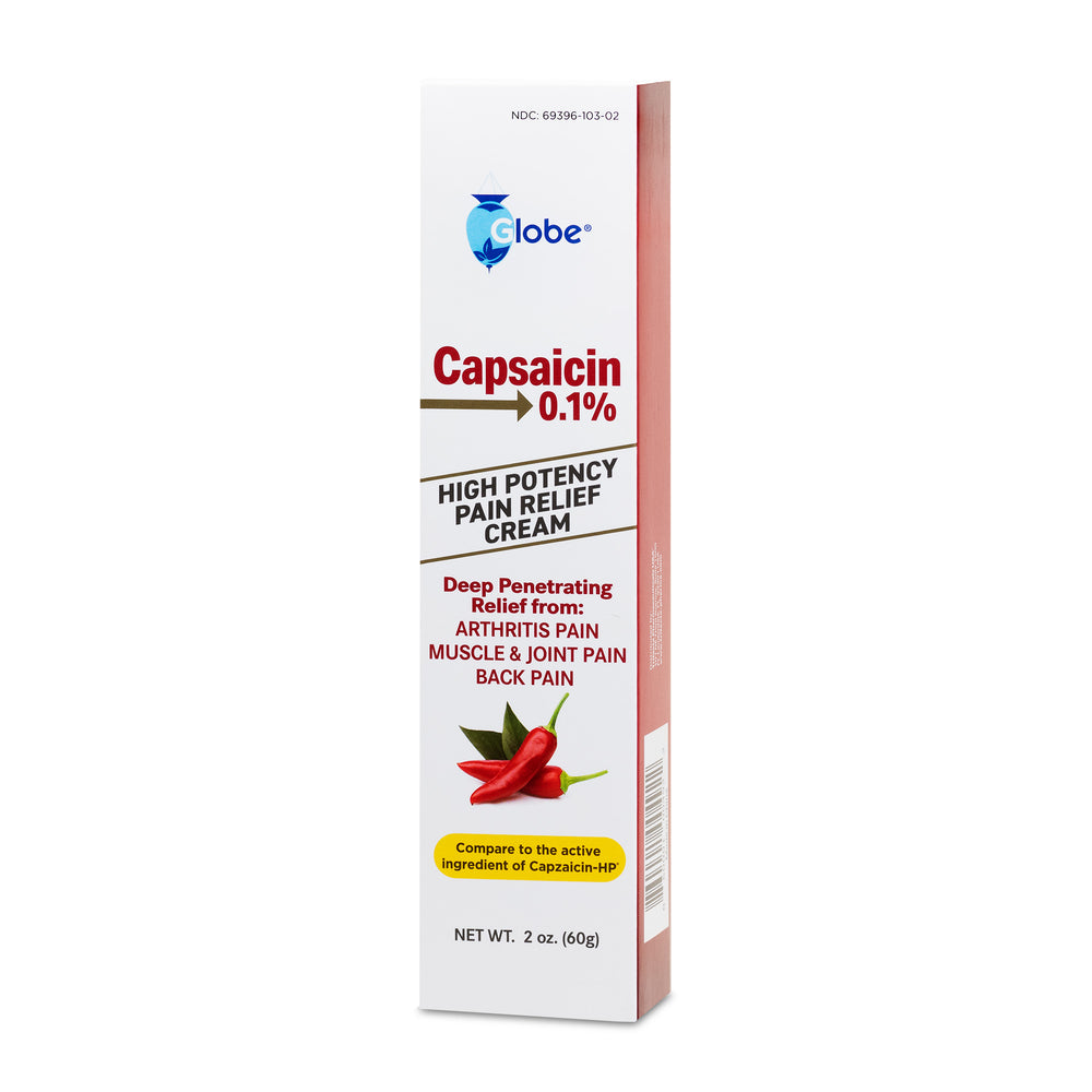 A white and red box of Globe Capsaicin 0.1% High Potency Pain Relief Cream (2 oz) offers deep relief for arthritis, muscle, joint, and back pain. Packaging features a chili pepper and highlights high potency formula.