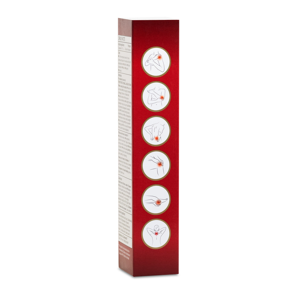 A red rectangular box for Globe Capsaicin 0.1% High Potency Pain Relief Cream (2 oz) shows five circular diagrams marking areas like neck, chest, elbows, wrists, and behind ears for targeted arthritis, muscle, joint & back pain relief.