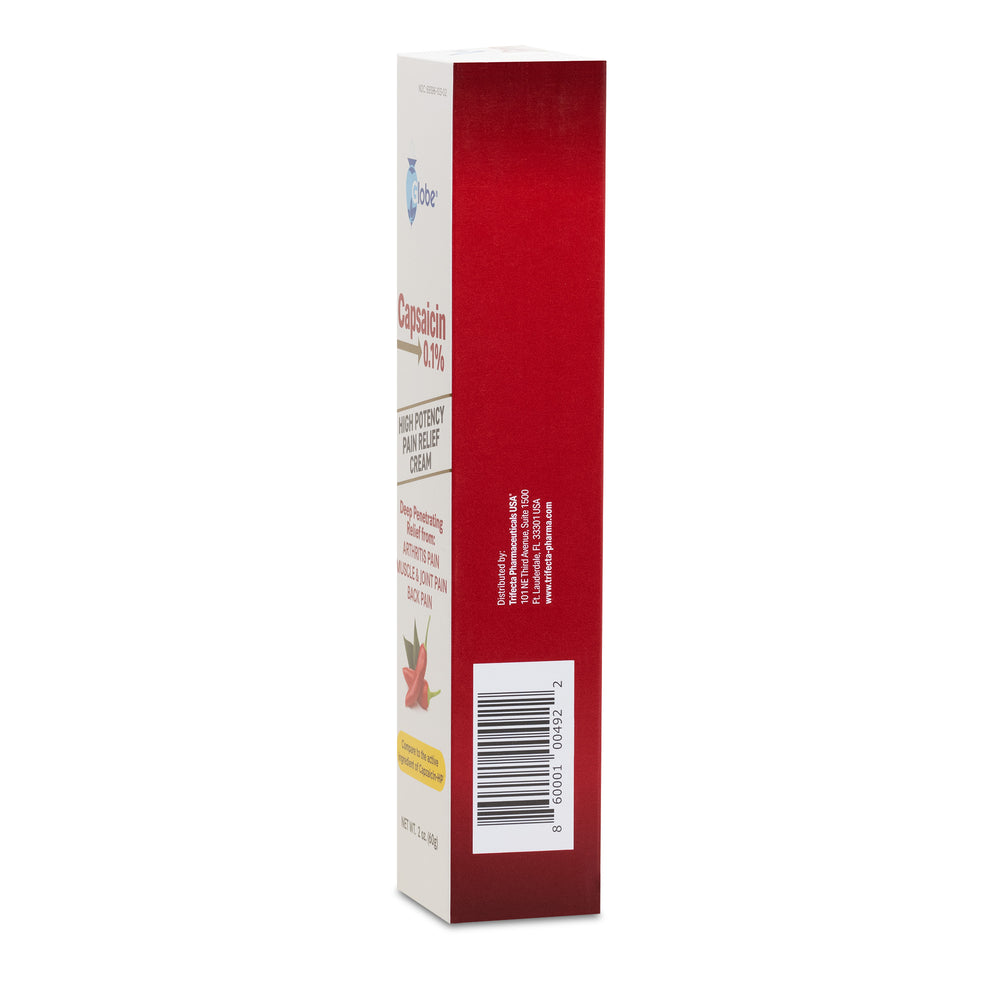 A rectangular box of Globe Capsaicin 0.1% High Potency Pain Relief Cream (2 oz) stands upright with a red and white side panel showing product info and a barcode—deep relief for arthritis, muscle, joint, and back pain. Brand: Globe.