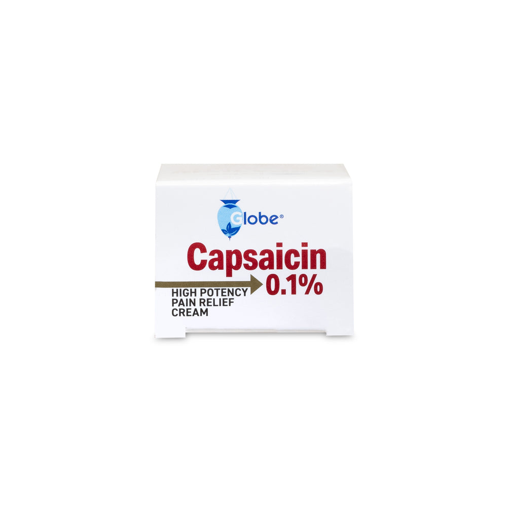 A white box labeled Globe Capsaicin 0.1% High Potency Pain Relief Cream (2 oz) is shown against a plain background, highlighting deep relief from arthritis, muscle, joint, and back pain by Globe.