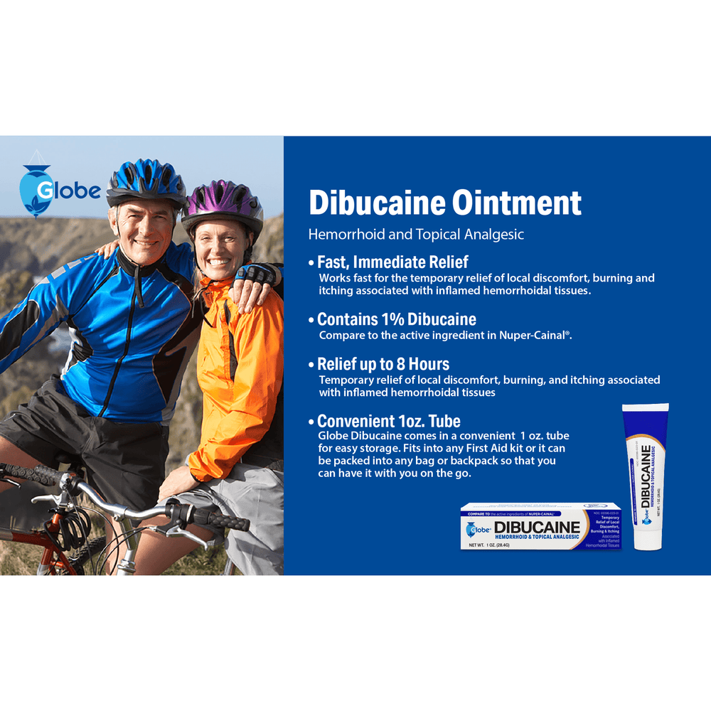 An older man and woman in cycling gear smile outside with bikes. Text highlights Globe Dibucaine 1% Hemorrhoid Treatment Ointment—1 oz rapid numbing relief from pain, itch, and burn for up to 8 hours, from the brand Globe.
