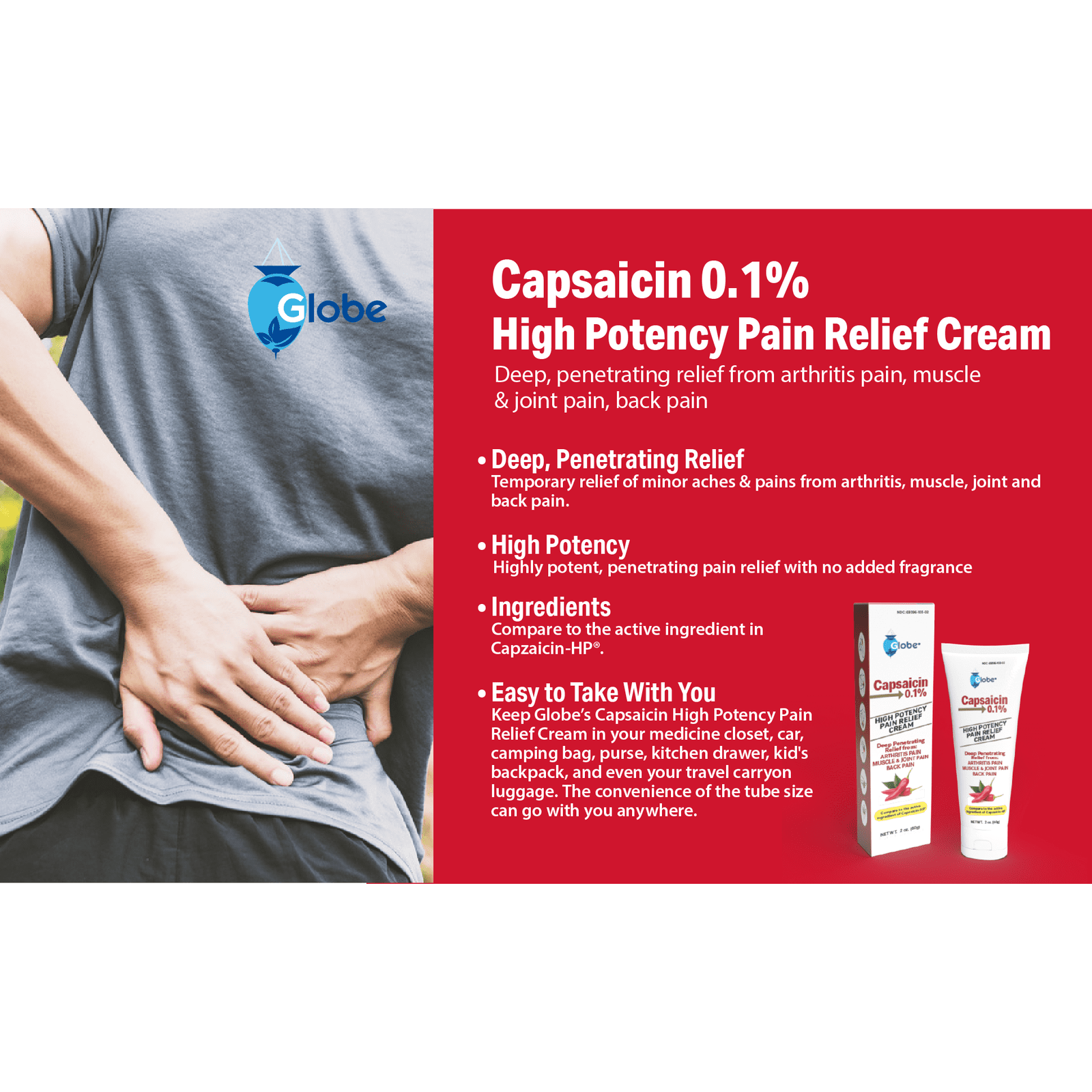Globe Capsaicin 0.1% High Potency Pain Relief Cream (2 oz). Deep Penetrating Relief from: Arthritis, Muscle, Joint and Back Pain