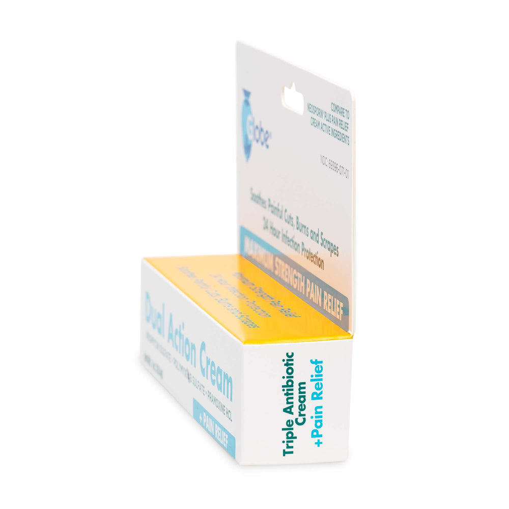 Globe Dual-Action Cream 1oz is a first aid antibiotic with Neomycin, Polymyxin B, and Pramoxine HCl. It soothes cuts, burns, and scrapes while protecting against infection for 24 hours. White box with blue and yellow accents.