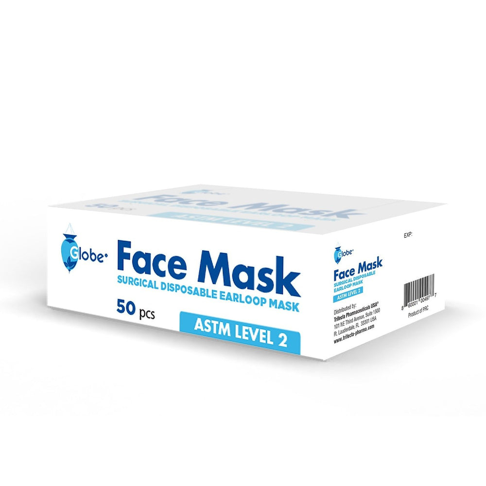 A box of 50 Globe Disposable 3 Ply Surgical Face Masks, ASTM Level 2, features a clean white design with blue accents. These earloop masks by Globe are labeled as surgical and disposable.