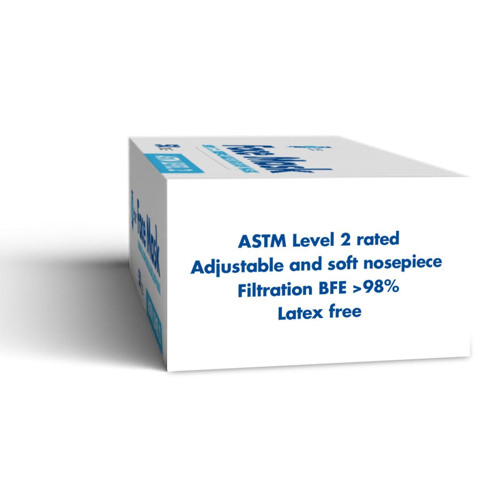 A slightly turned Globe Disposable 3 Ply Surgical Face Mask ASTM Level 2 box (50pc) with blue text highlights features: ASTM Level 2, BFE >98%, soft adjustable nosepiece, latex free. The box displays a disposable face mask option.