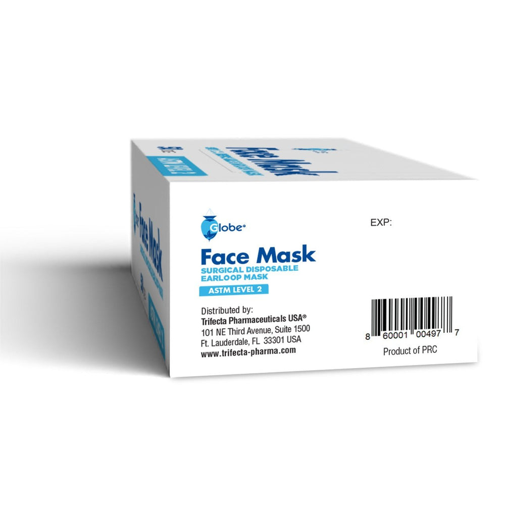 A partially opened box of Globe Disposable 3 Ply Surgical Face Mask ASTM Level 2 (50pcs) by Globe sits on a white surface, showing blue masks with earloops ready for use. Distributor and barcode details are visible on the white box.