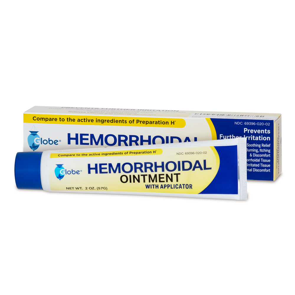 Globe Hemorrhoidal Ointment 2 oz with Applicator by Globe comes in yellow, blue, and white packaging. The box compares it to Preparation H and claims to offer soothing relief from hemorrhoid itching and burning.