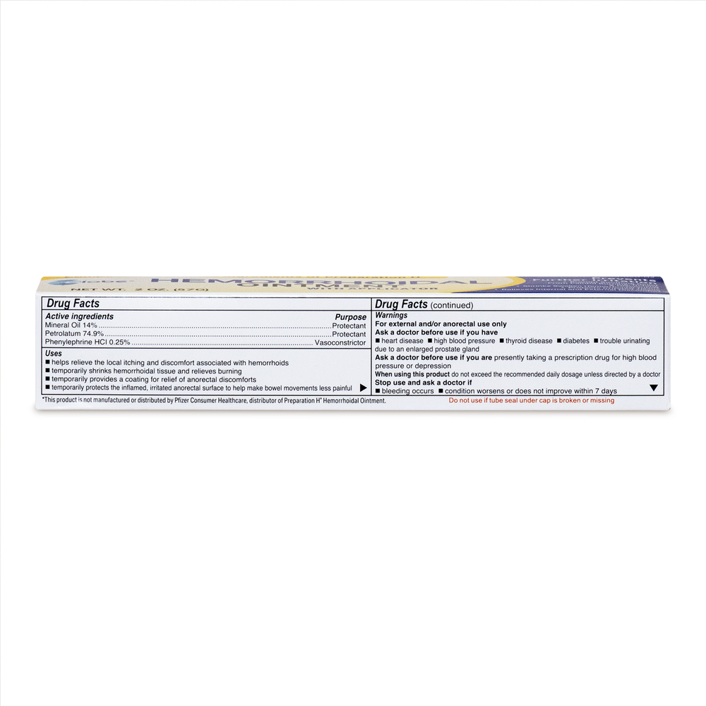 The back of a Globe Hemorrhoidal Ointment 2 oz with Applicator box lists drug facts, active ingredients, uses, warnings, and directions in black text on white for safe relief of hemorrhoid itching, burning, or anorectal discomfort.